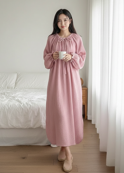 Musselin Nachthemd Damen Lang Rosa Blumenmuster - Ansicht 1