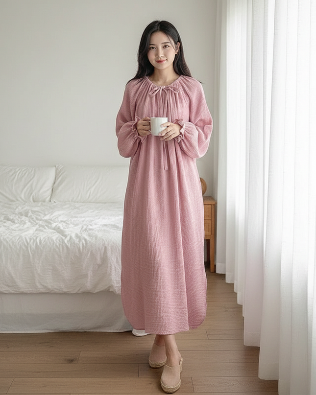Musselin Nachthemd Damen Lang Rosa Blumenmuster - Ansicht 1