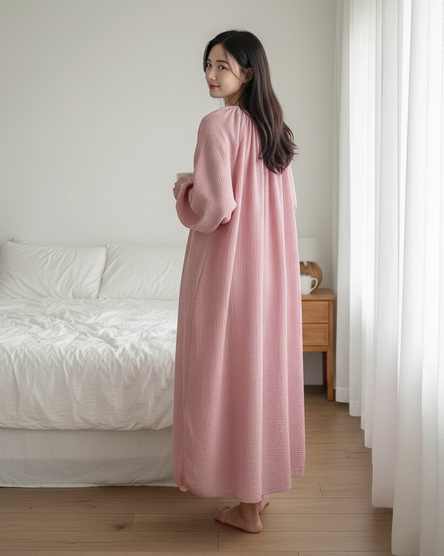 Musselin Nachthemd Damen Lang Rosa Blumenmuster - Ansicht 2