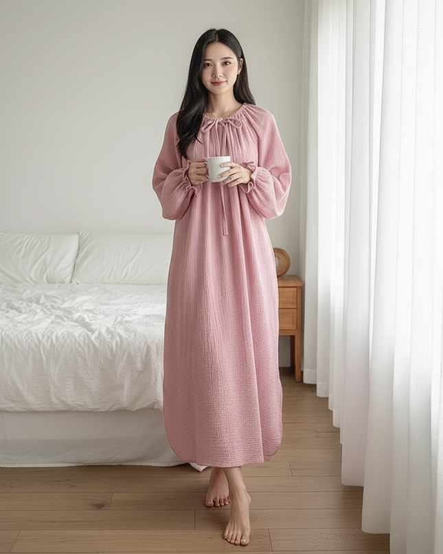 Musselin Nachthemd Damen Lang Rosa Blumenmuster - Ansicht 4