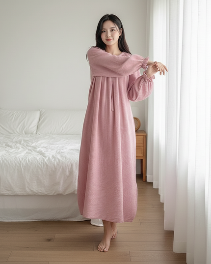 Musselin Nachthemd Damen Lang Rosa Blumenmuster - Ansicht 5