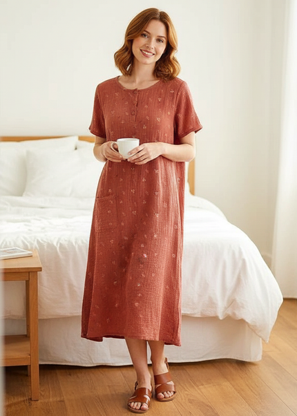 Musselin Nachthemd Damen Kirschmuster Kurzarm Soft - Ansicht 1