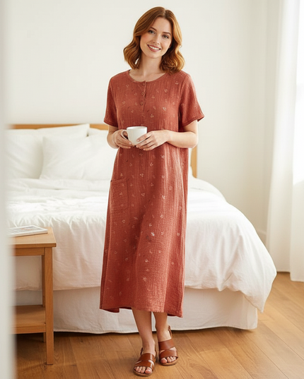 Musselin Nachthemd Damen Kirschmuster Kurzarm Soft - Ansicht 4