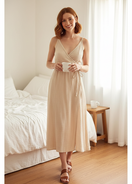 Musselin Nachthemd Damen Beige Traeger Sommerkleid - Ansicht 1