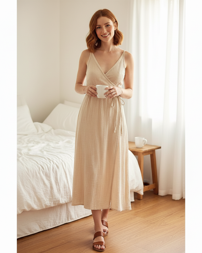 Musselin Nachthemd Damen Beige Traeger Sommerkleid - Ansicht 4