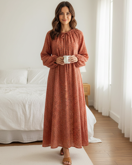 Musselin Nachthemd Damen Roter Blumendruck Knopf - Ansicht 1