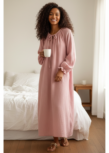 Musselin Nachthemd Damen Rosa Hell Soft Knopfleiste - Ansicht 1