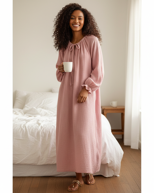 Musselin Nachthemd Damen Rosa Hell Soft Knopfleiste - Ansicht 1