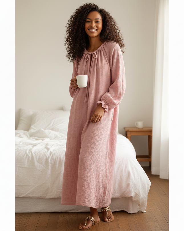 Musselin Nachthemd Damen Rosa Hell Soft Knopfleiste - Ansicht 4