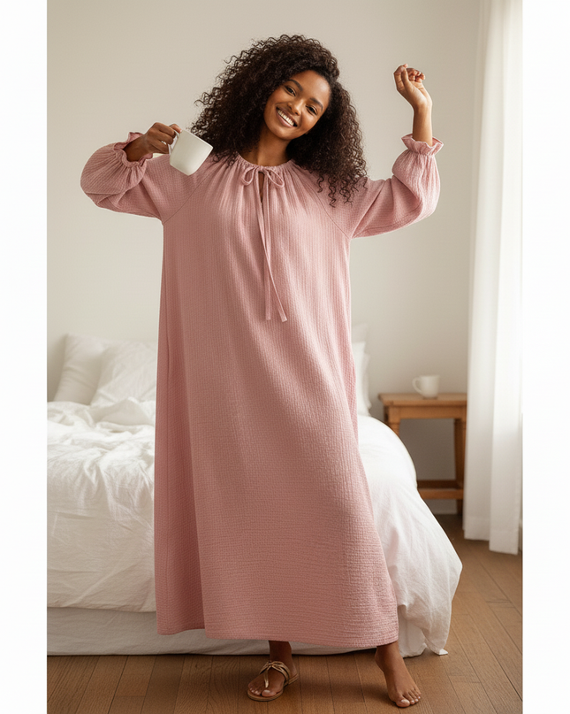 Musselin Nachthemd Damen Rosa Hell Soft Knopfleiste - Ansicht 5