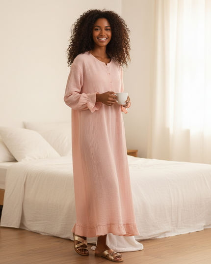 Musselin Nachthemd Damen Rosa - Laternenarm Soft - Ansicht 1