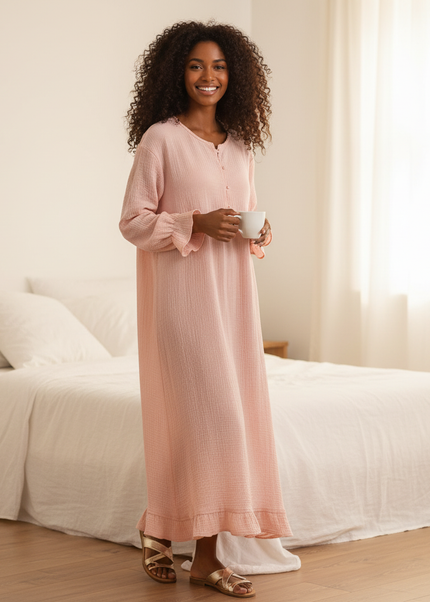 Musselin Nachthemd Damen Rosa - Laternenarm Soft - Ansicht 1