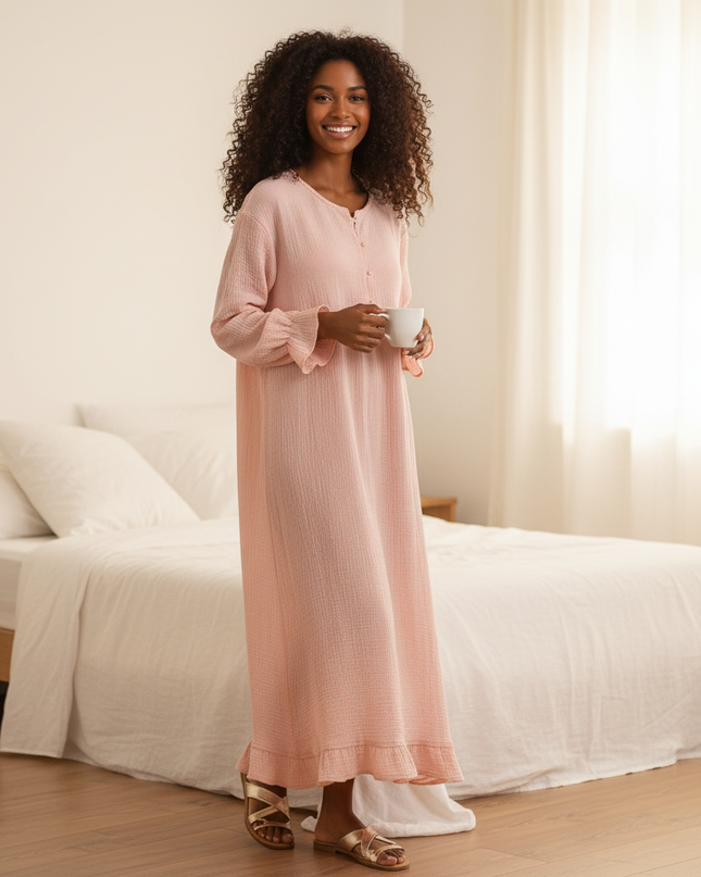 Musselin Nachthemd Damen Rosa - Laternenarm Soft - Ansicht 1