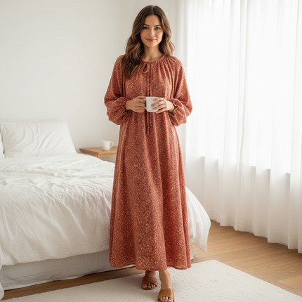 Musselin Nachthemd Damen Rot - Blumen Puffarm Lang - Ansicht 1