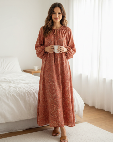 Musselin Nachthemd Damen Rot - Blumen Puffarm Lang - Ansicht 1