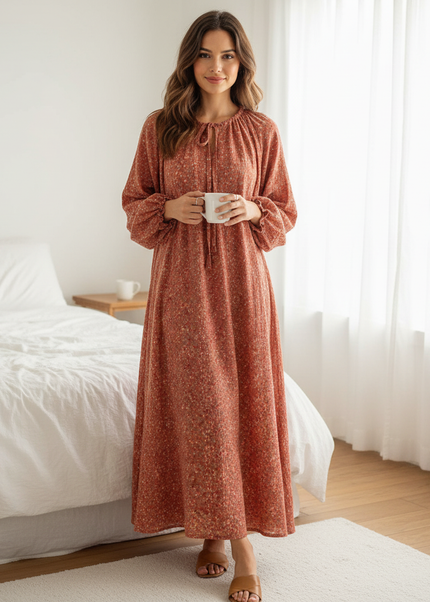 Musselin Nachthemd Damen Rot - Blumen Puffarm Lang - Ansicht 1