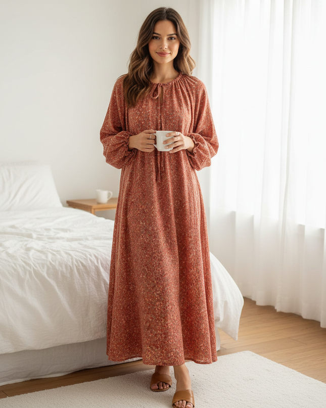 Musselin Nachthemd Damen Rot - Blumen Puffarm Lang - Ansicht 1