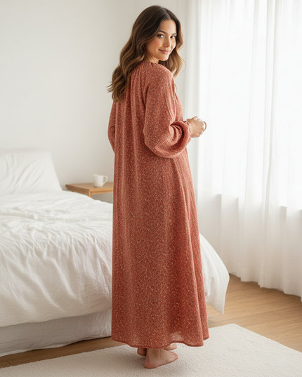 Musselin Nachthemd Damen Rot - Blumen Puffarm Lang - Ansicht 2