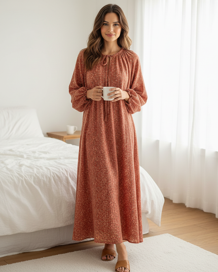 Musselin Nachthemd Damen Rot - Blumen Puffarm Lang - Ansicht 4