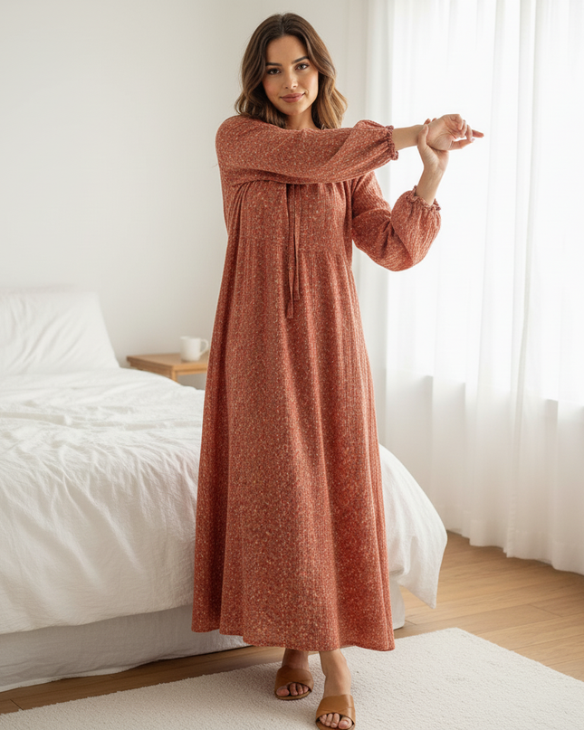 Musselin Nachthemd Damen Rot - Blumen Puffarm Lang - Ansicht 5