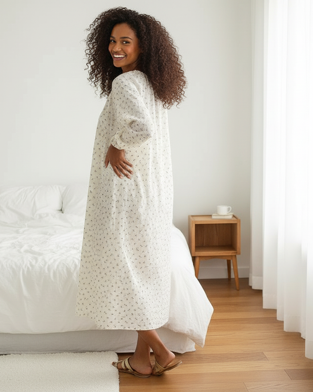 Musselin Nachthemd Damen Weiss Bandage Oversized - Ansicht 2