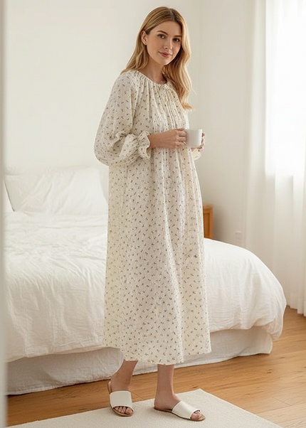 Musselin Nachthemd Damen Weiss - Blumen Puffarm - Ansicht 1