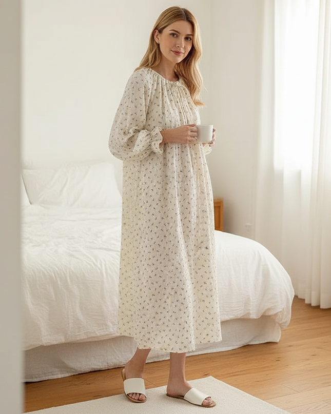 Musselin Nachthemd Damen Weiss - Blumen Puffarm - Ansicht 1