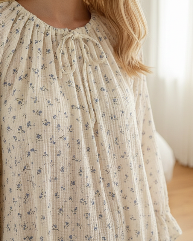 Musselin Nachthemd Damen Weiss - Blumen Puffarm - Ansicht 4