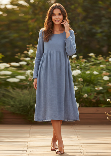 Musselin Stoff Kleid Damen Blau | Musselin Kleid - Ansicht 1