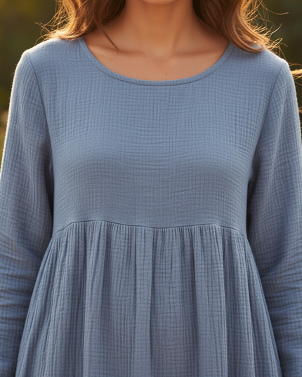 Musselin Stoff Kleid Damen Blau | Musselin Kleid - Ansicht 4