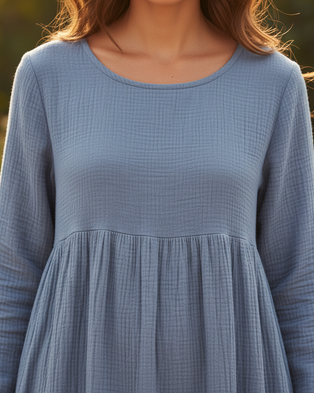Musselin Stoff Kleid Damen Blau | Musselin Kleid - Ansicht 4