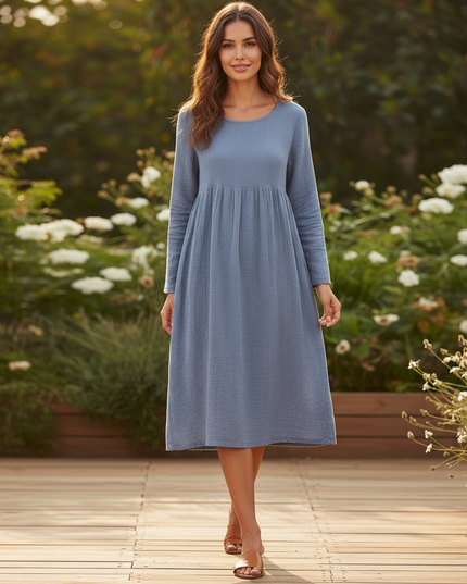 Musselin Stoff Kleid Damen Blau | Musselin Kleid - Ansicht 5